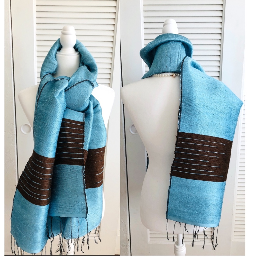 SHAWL Scarf Wrap  Blue Brown  Silk Large